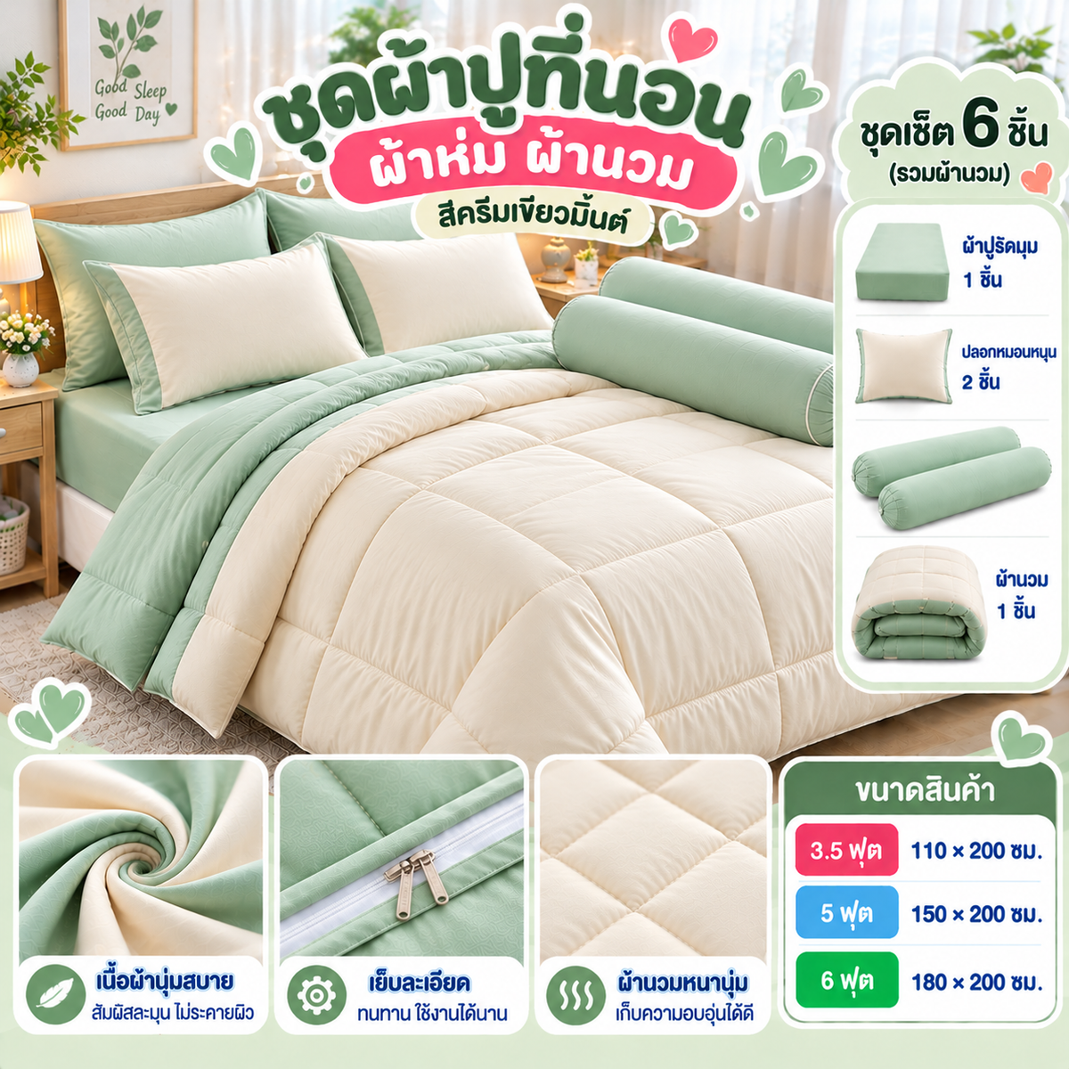 ชุดผ้าปูที่นอน ผ้าห่ม ผ้านวม สีครีมเขียวมิ้นต์