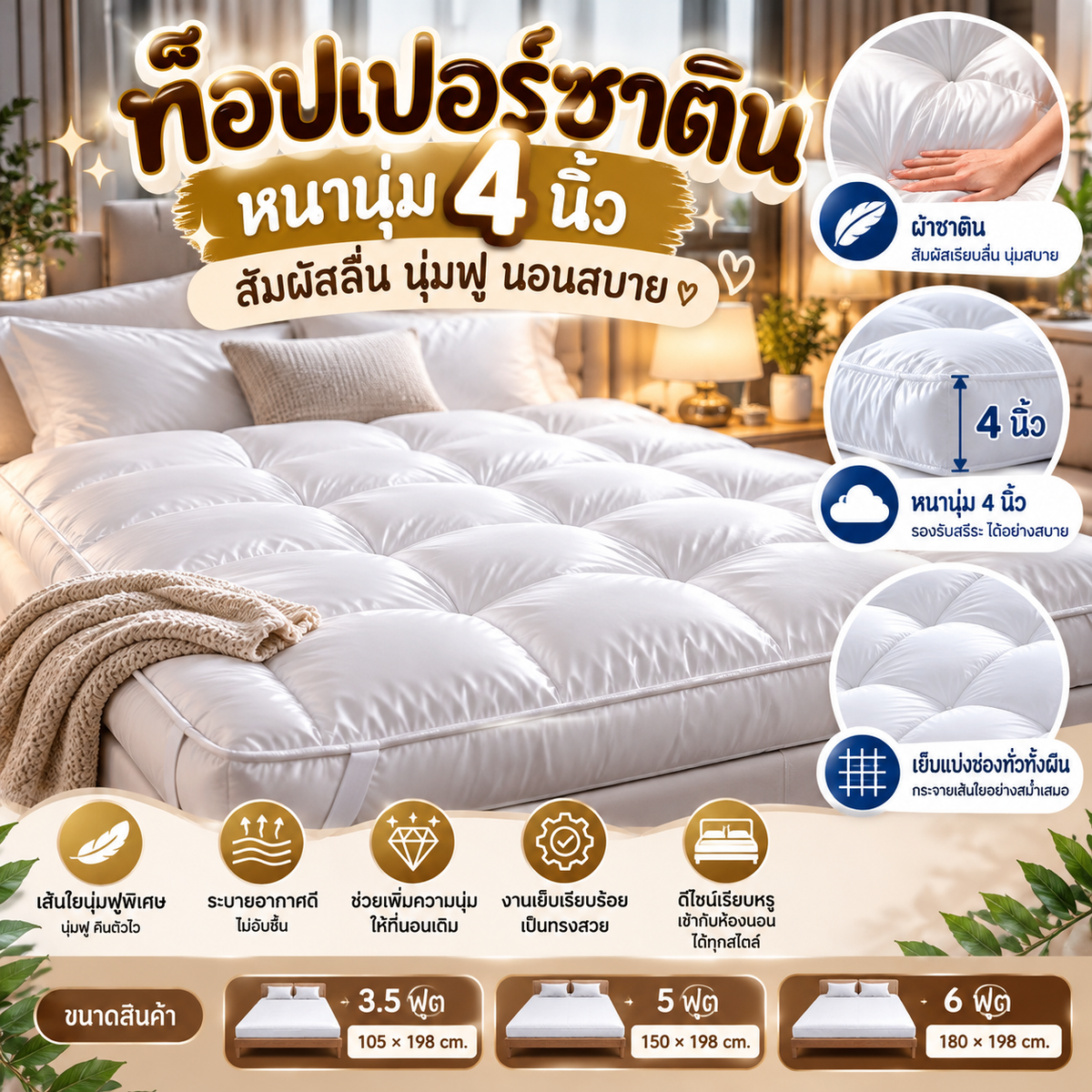 ท็อปเปอร์ซาติน หนานุ่ม 4 นิ้ว