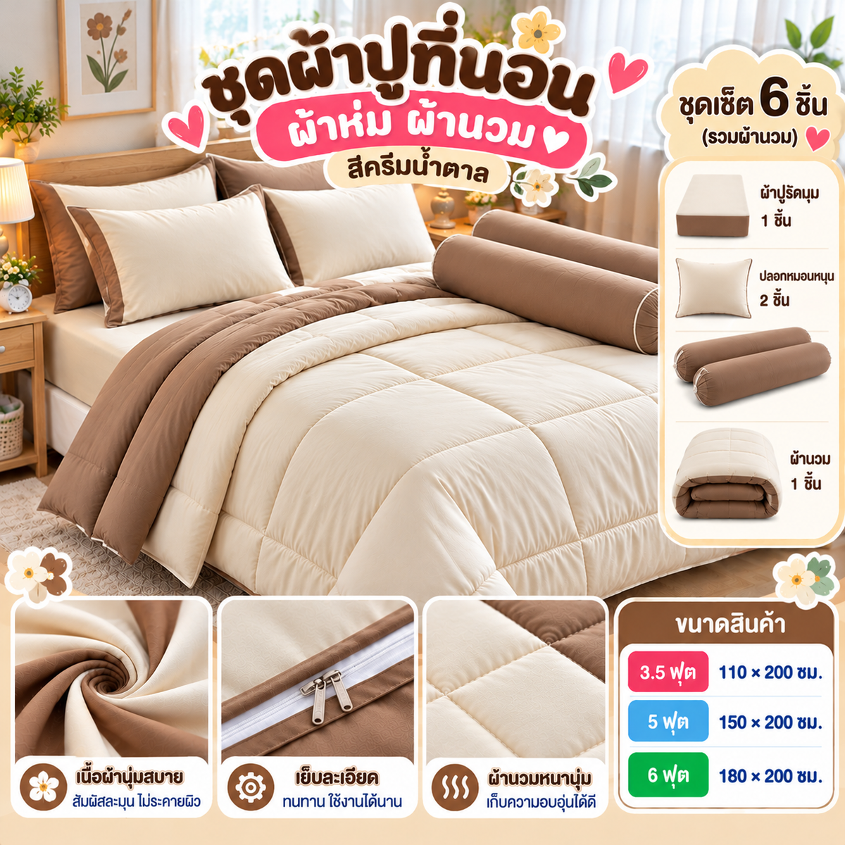 ชุดผ้าปูที่นอน ผ้าห่ม ผ้านวม สีครีมน้ำตาล