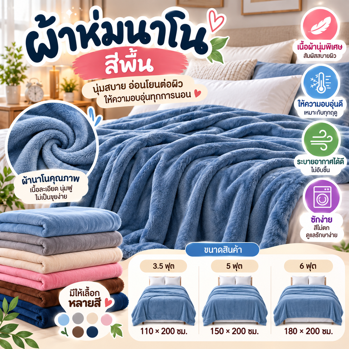 ผ้าห่มนาโน สีพื้น