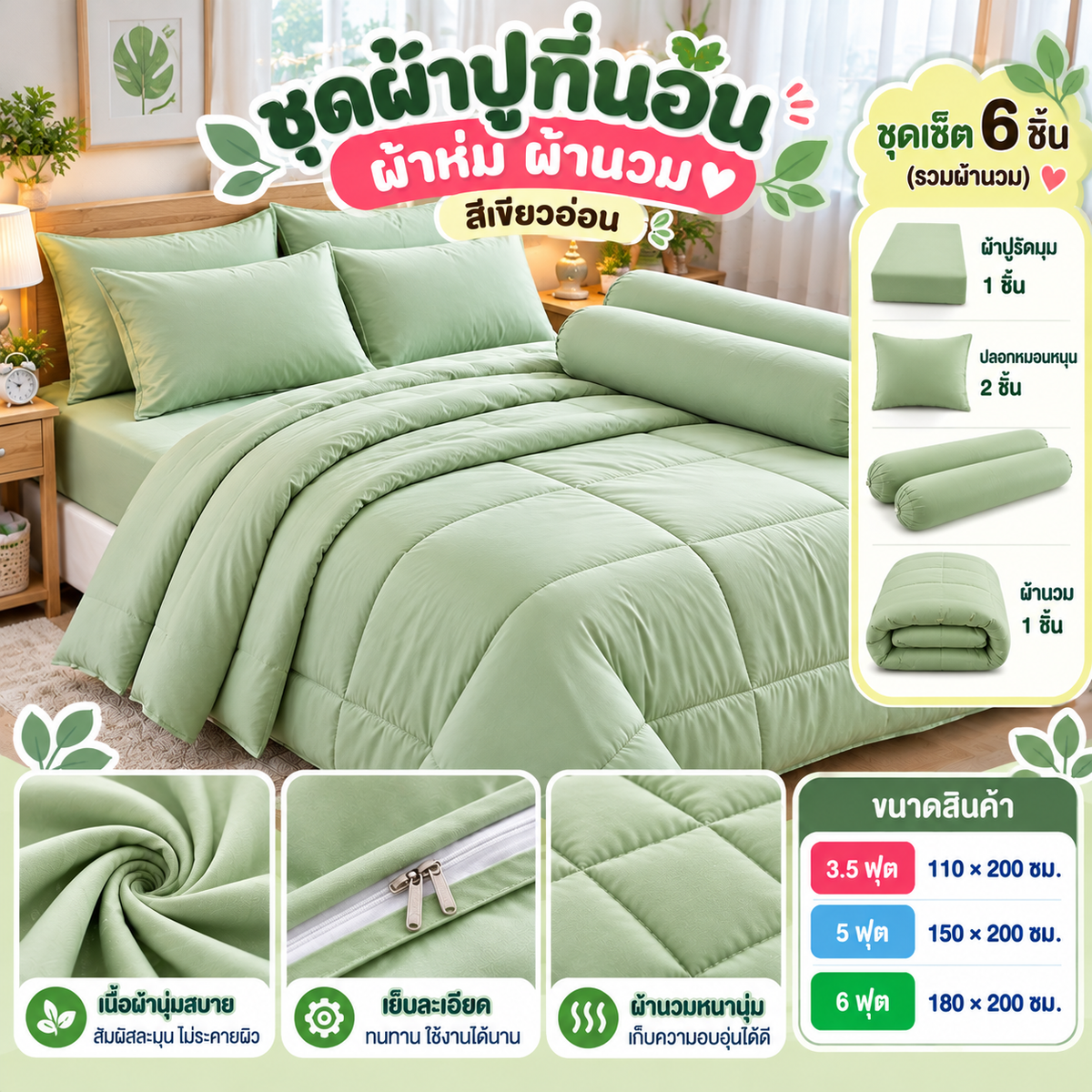 ชุดผ้าปูที่นอน ผ้าห่ม ผ้านวม สีเขียวอ่อน
