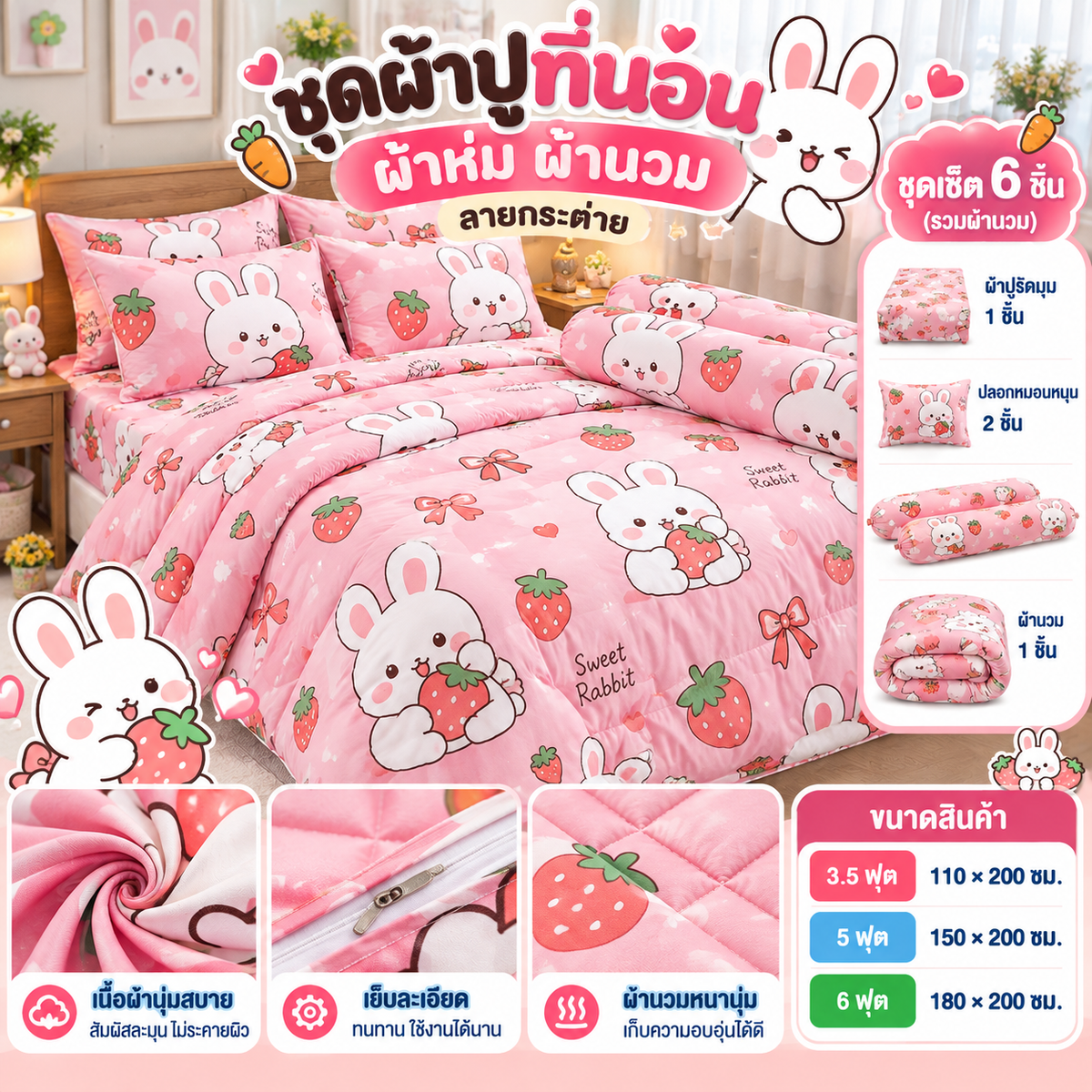 ชุดผ้าปูที่นอน ผ้าห่ม ผ้านวม  ลายกระต่าย